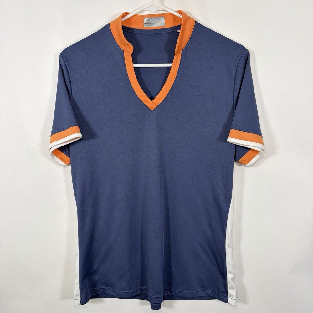 Callaway Opti-Dri V Neck Golf Shirt Top Womens Size Large Navy Orange Opti-Dri